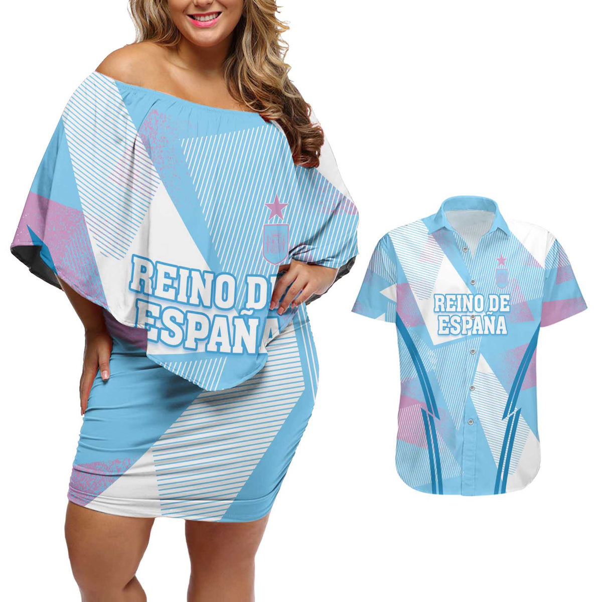 Custom Spain Football Couples Matching Off Shoulder Short Dress and Hawaiian Shirt Simple Style - Wonder Print Shop