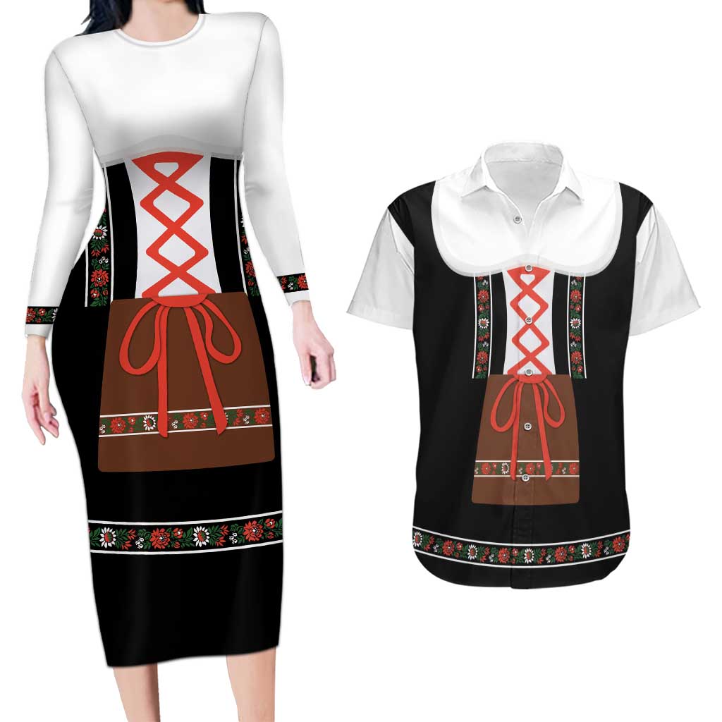 Oktoberfest Dirndl Costume Couples Matching Long Sleeve Bodycon Dress and Hawaiian Shirt German Beer Festival - Wonder Print Shop