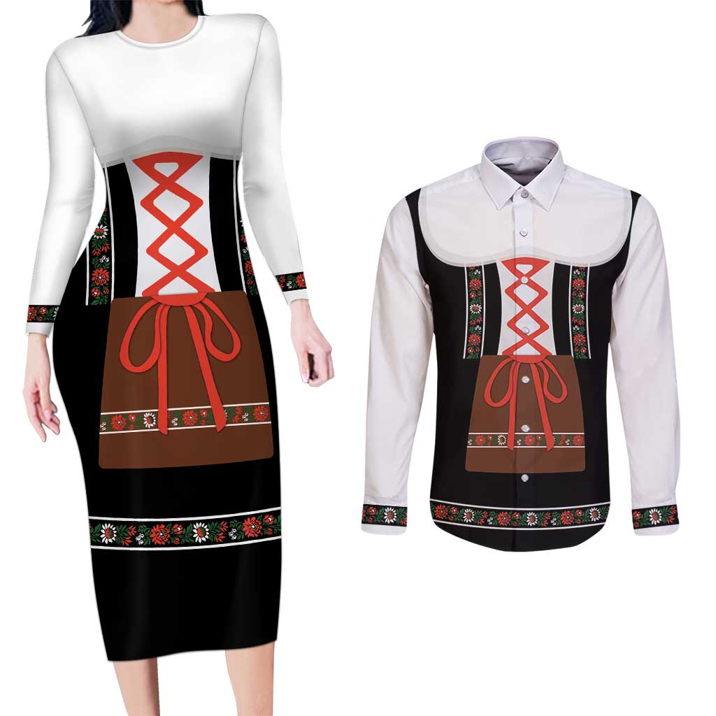 Oktoberfest Dirndl Costume Couples Matching Long Sleeve Bodycon Dress and Long Sleeve Button Shirt German Beer Festival - Wonder Print Shop