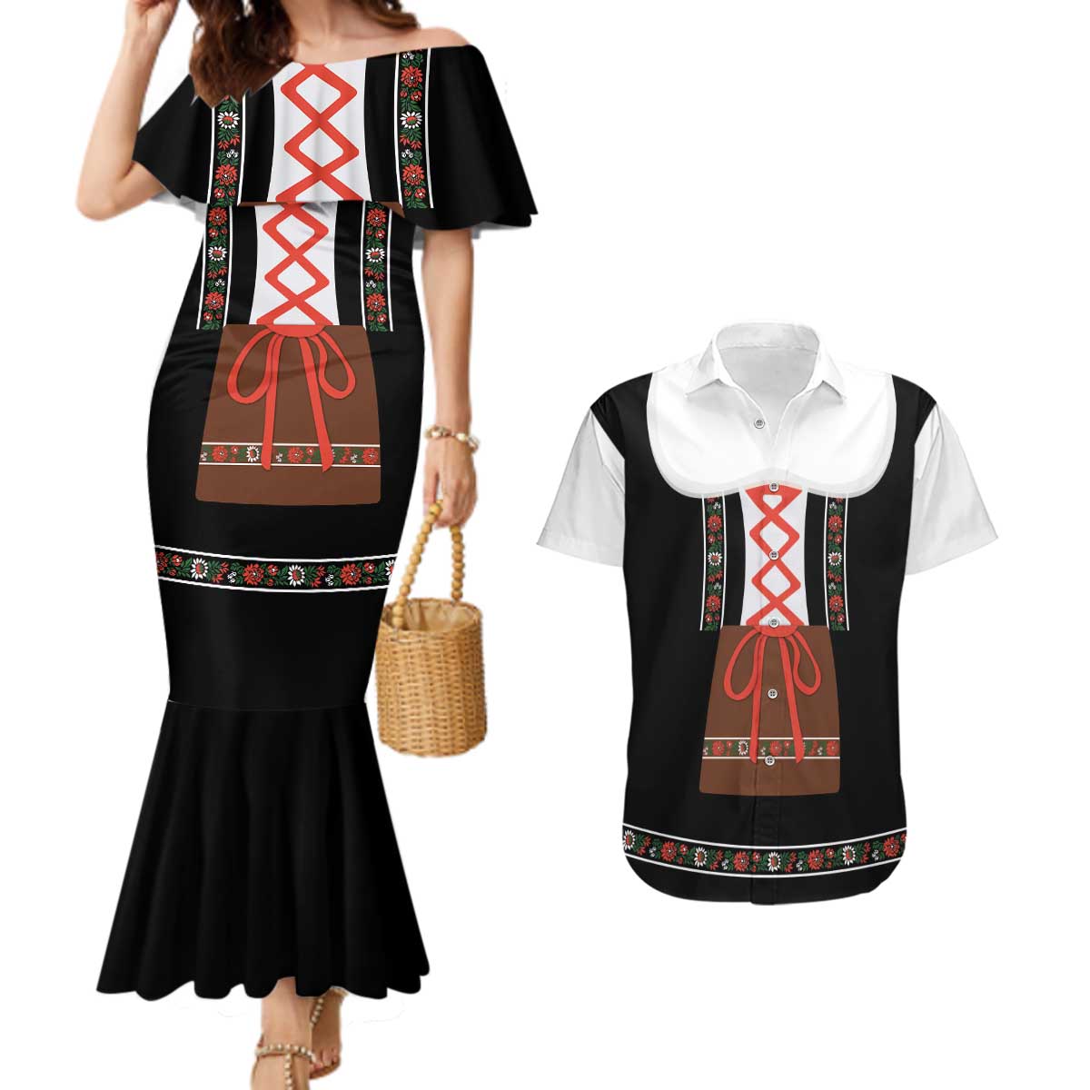 Oktoberfest Dirndl Costume Couples Matching Mermaid Dress and Hawaiian Shirt German Beer Festival - Wonder Print Shop