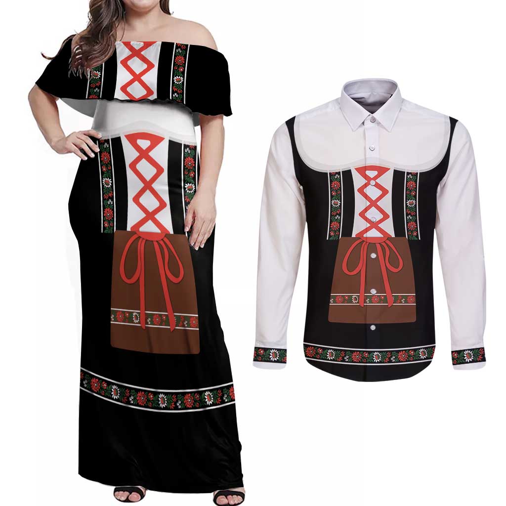 Oktoberfest Dirndl Costume Couples Matching Off Shoulder Maxi Dress and Long Sleeve Button Shirt German Beer Festival - Wonder Print Shop