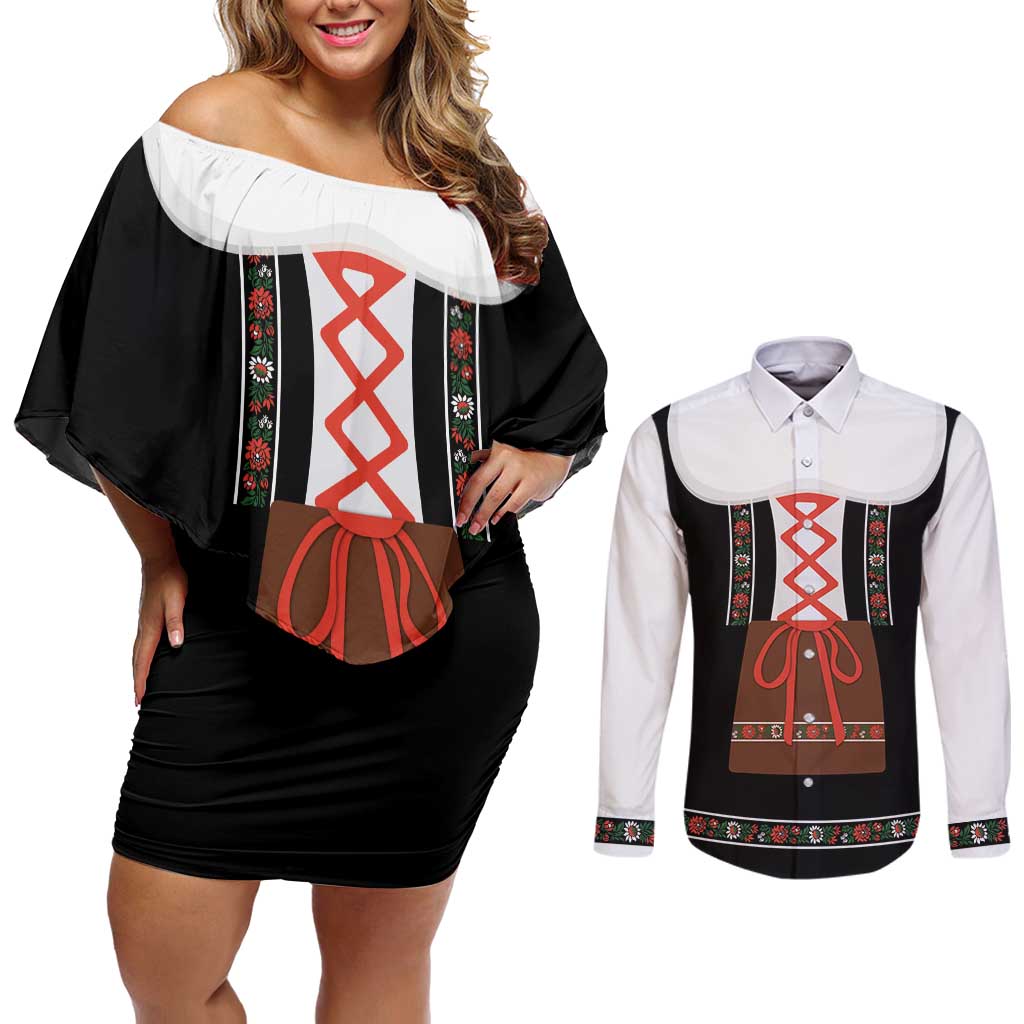 Oktoberfest Dirndl Costume Couples Matching Off Shoulder Short Dress and Long Sleeve Button Shirt German Beer Festival - Wonder Print Shop