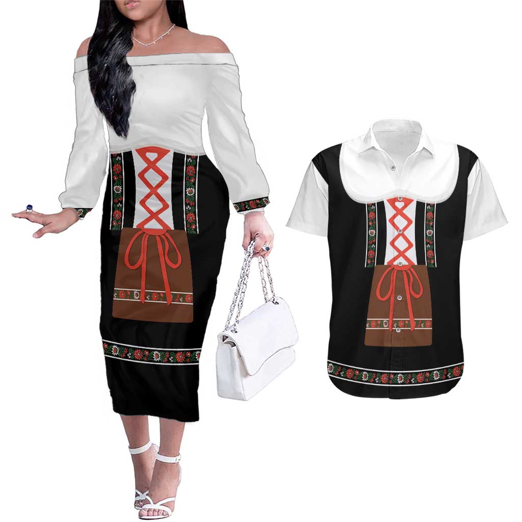 Oktoberfest Dirndl Costume Couples Matching Off The Shoulder Long Sleeve Dress and Hawaiian Shirt German Beer Festival - Wonder Print Shop
