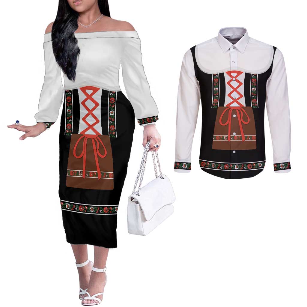 Oktoberfest Dirndl Costume Couples Matching Off The Shoulder Long Sleeve Dress and Long Sleeve Button Shirt German Beer Festival - Wonder Print Shop