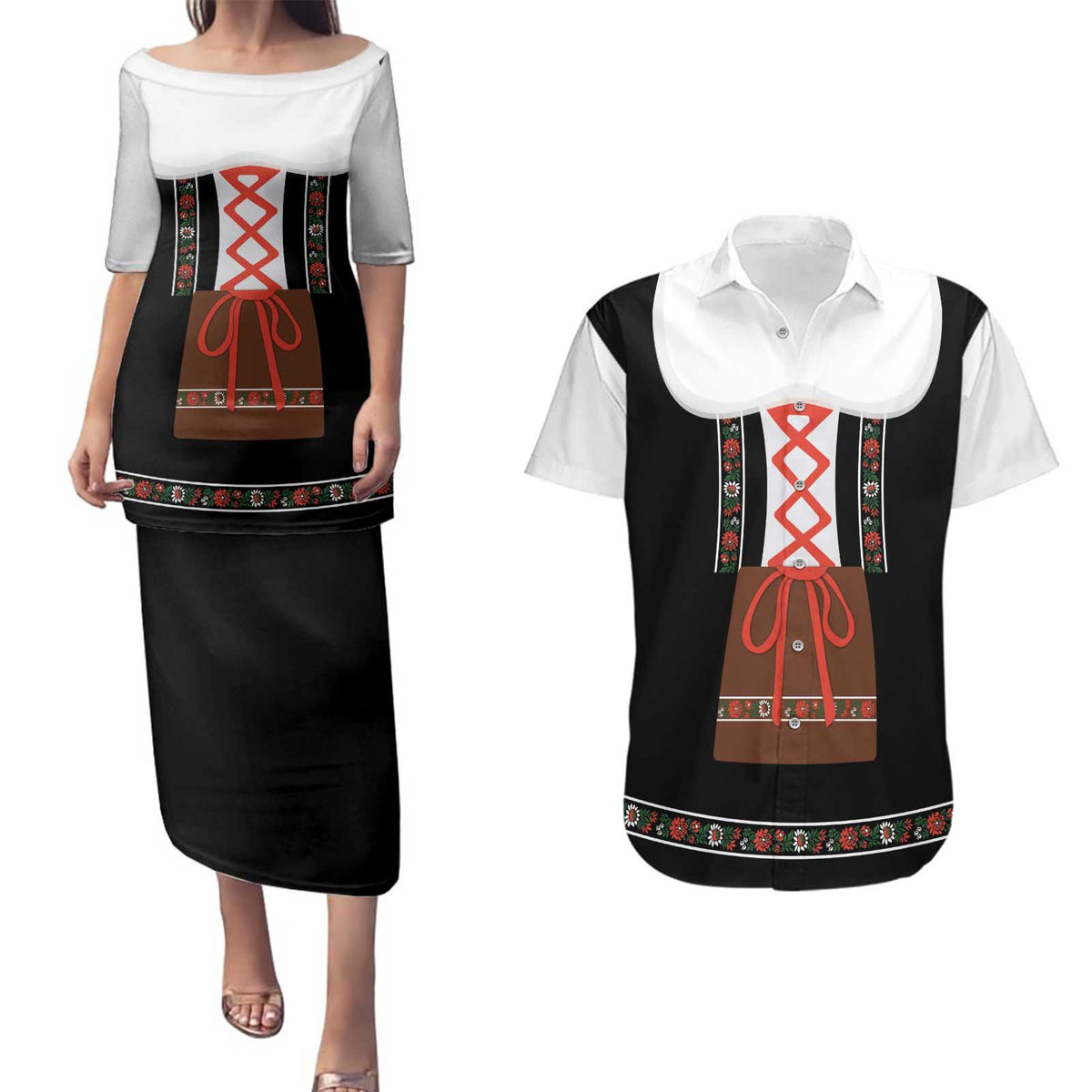 Oktoberfest Dirndl Costume Couples Matching Puletasi and Hawaiian Shirt German Beer Festival - Wonder Print Shop