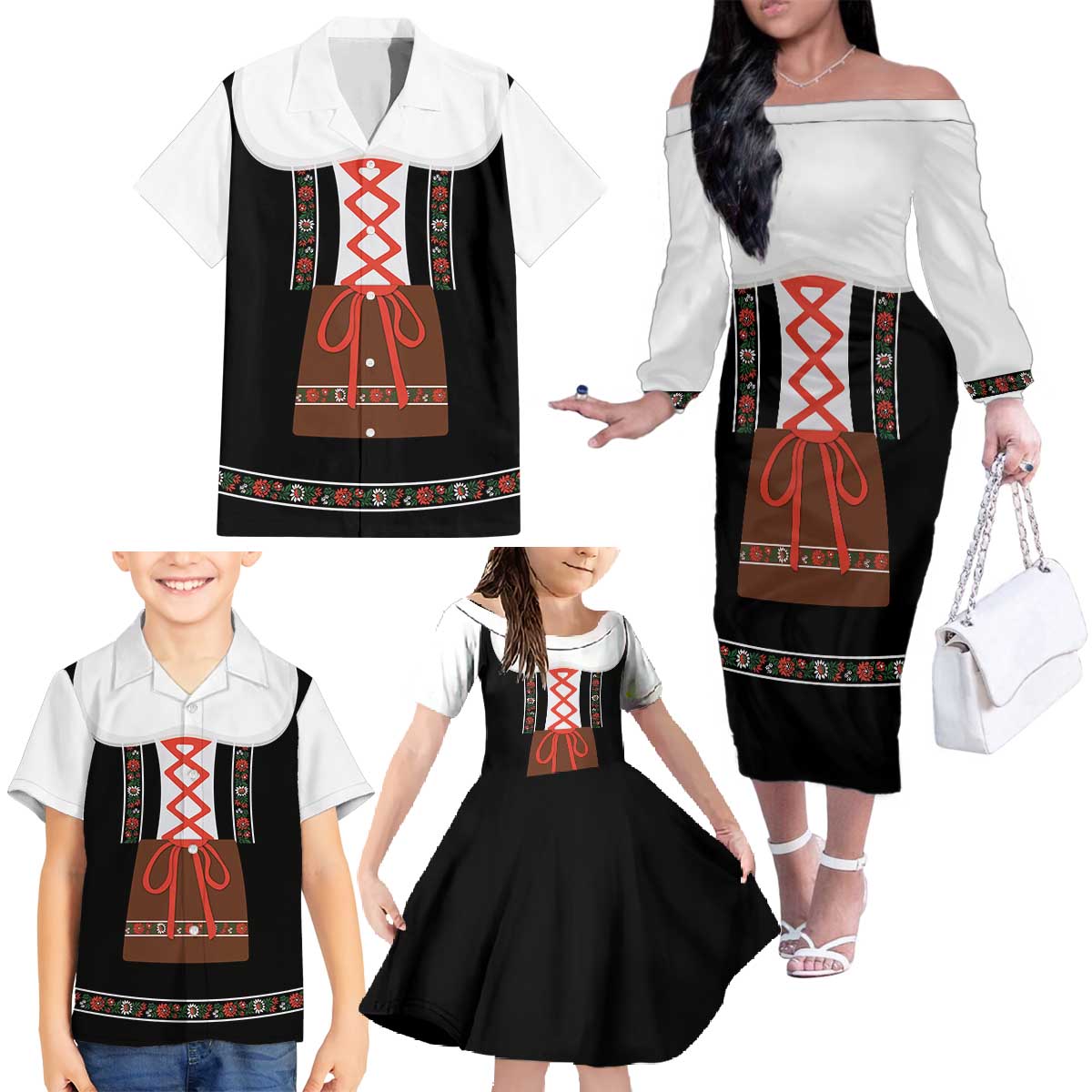 Oktoberfest Dirndl Costume Family Matching Off The Shoulder Long Sleeve Dress and Hawaiian Shirt German Beer Festival - Wonder Print Shop