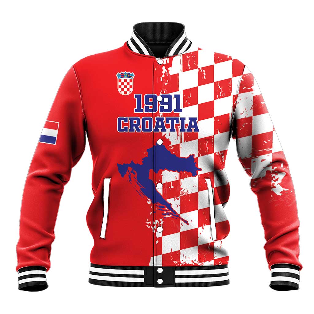 Custom Croatia Independence Day Baseball Jacket Grunge Checkerboard Patterns With Map - Wonder Print Shop