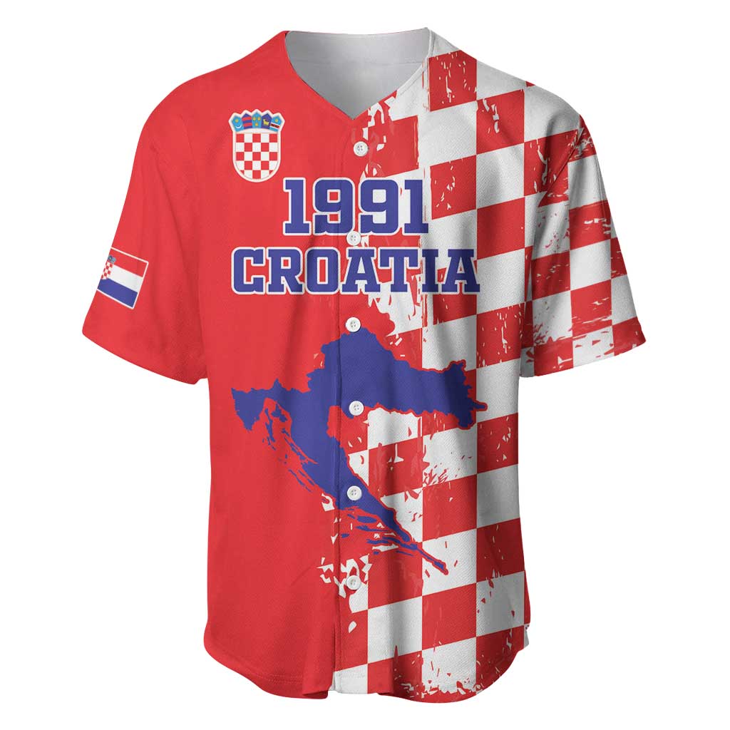 Custom Croatia Independence Day Baseball Jersey Grunge Checkerboard Patterns With Map - Wonder Print Shop
