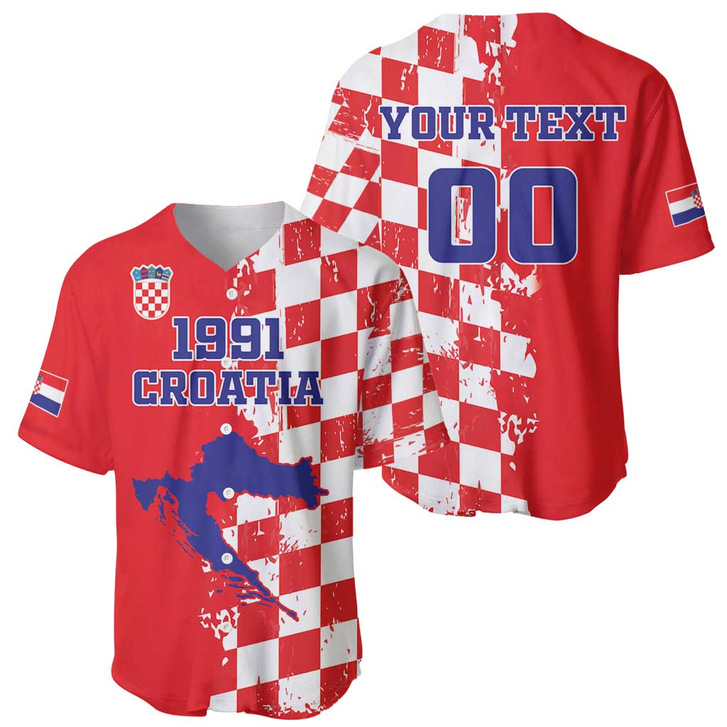 Custom Croatia Independence Day Baseball Jersey Grunge Checkerboard Patterns With Map - Wonder Print Shop