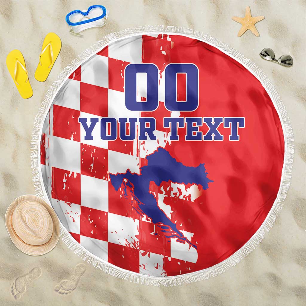 Custom Croatia Independence Day Beach Blanket Grunge Checkerboard Patterns With Map - Wonder Print Shop