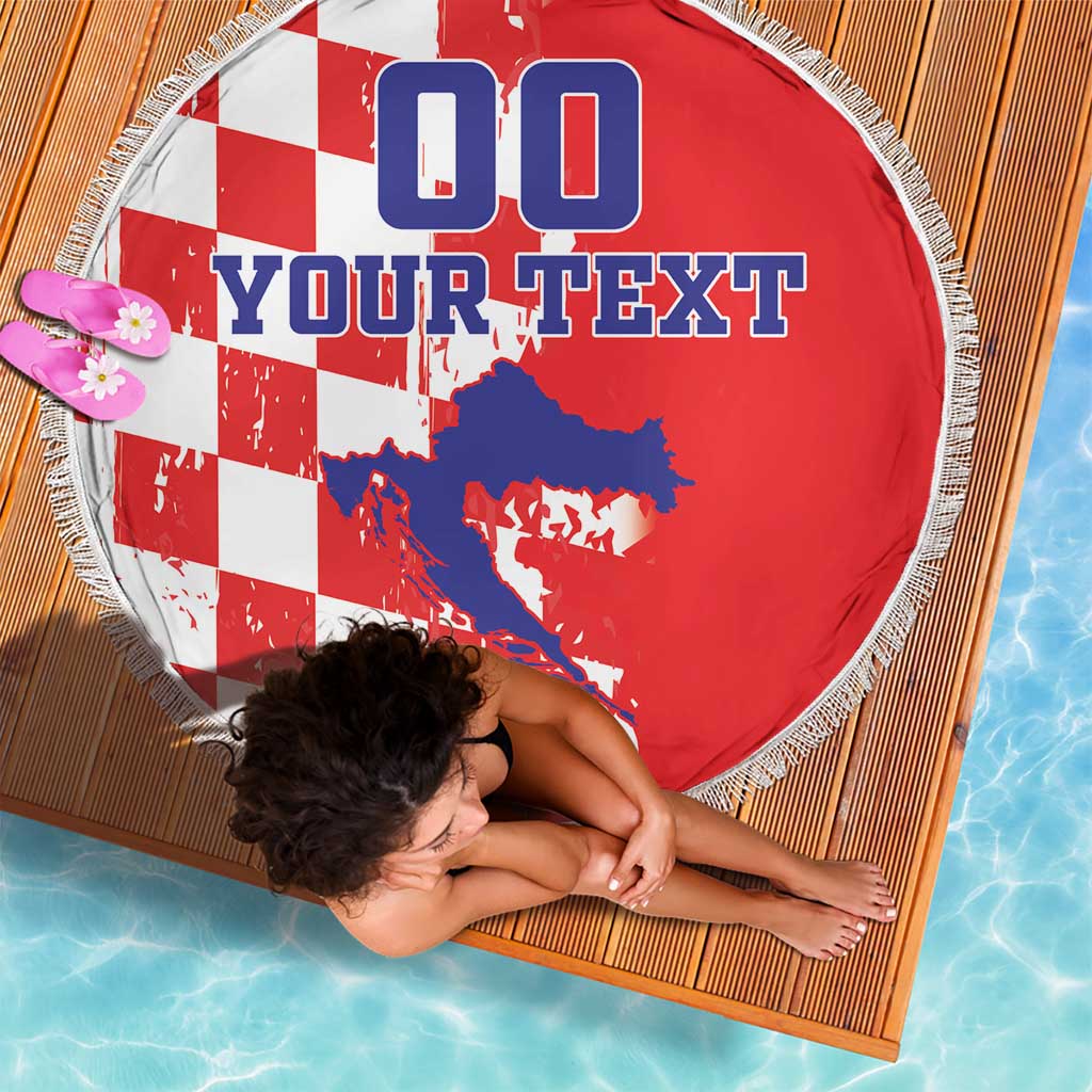 Custom Croatia Independence Day Beach Blanket Grunge Checkerboard Patterns With Map - Wonder Print Shop
