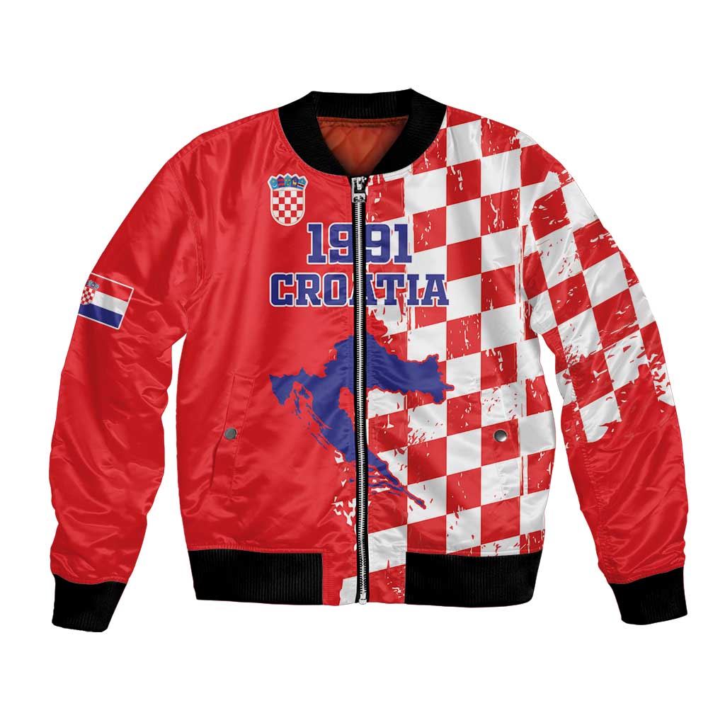 Custom Croatia Independence Day Bomber Jacket Grunge Checkerboard Patterns With Map - Wonder Print Shop