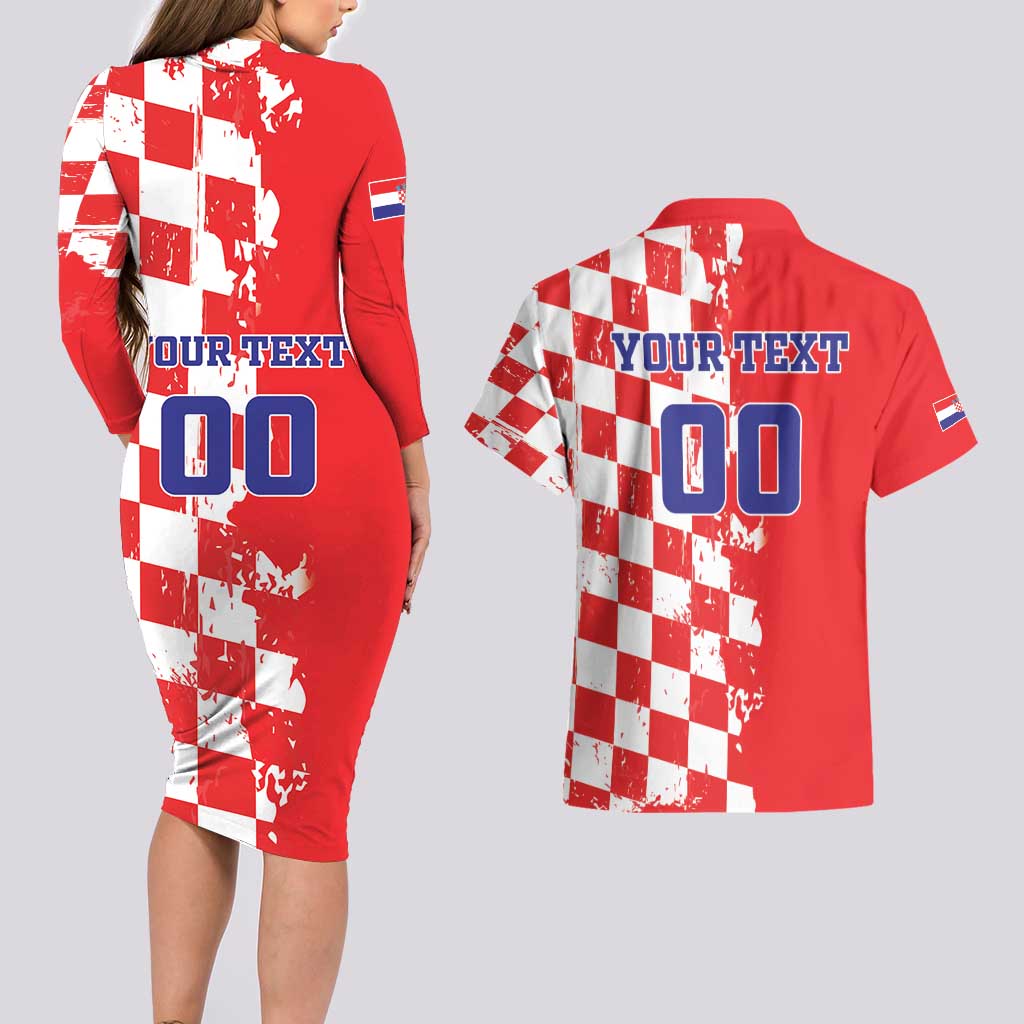 Custom Croatia Independence Day Couples Matching Long Sleeve Bodycon Dress and Hawaiian Shirt Grunge Checkerboard Patterns With Map - Wonder Print Shop