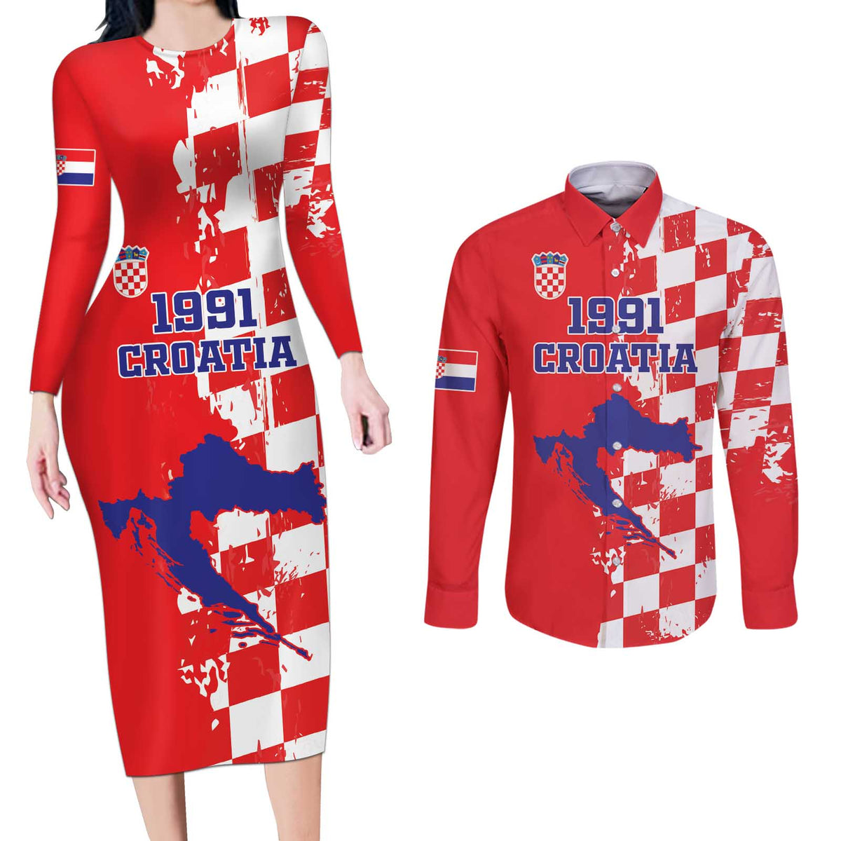 Custom Croatia Independence Day Couples Matching Long Sleeve Bodycon Dress and Long Sleeve Button Shirt Grunge Checkerboard Patterns With Map - Wonder Print Shop