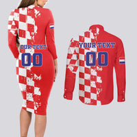 Custom Croatia Independence Day Couples Matching Long Sleeve Bodycon Dress and Long Sleeve Button Shirt Grunge Checkerboard Patterns With Map - Wonder Print Shop
