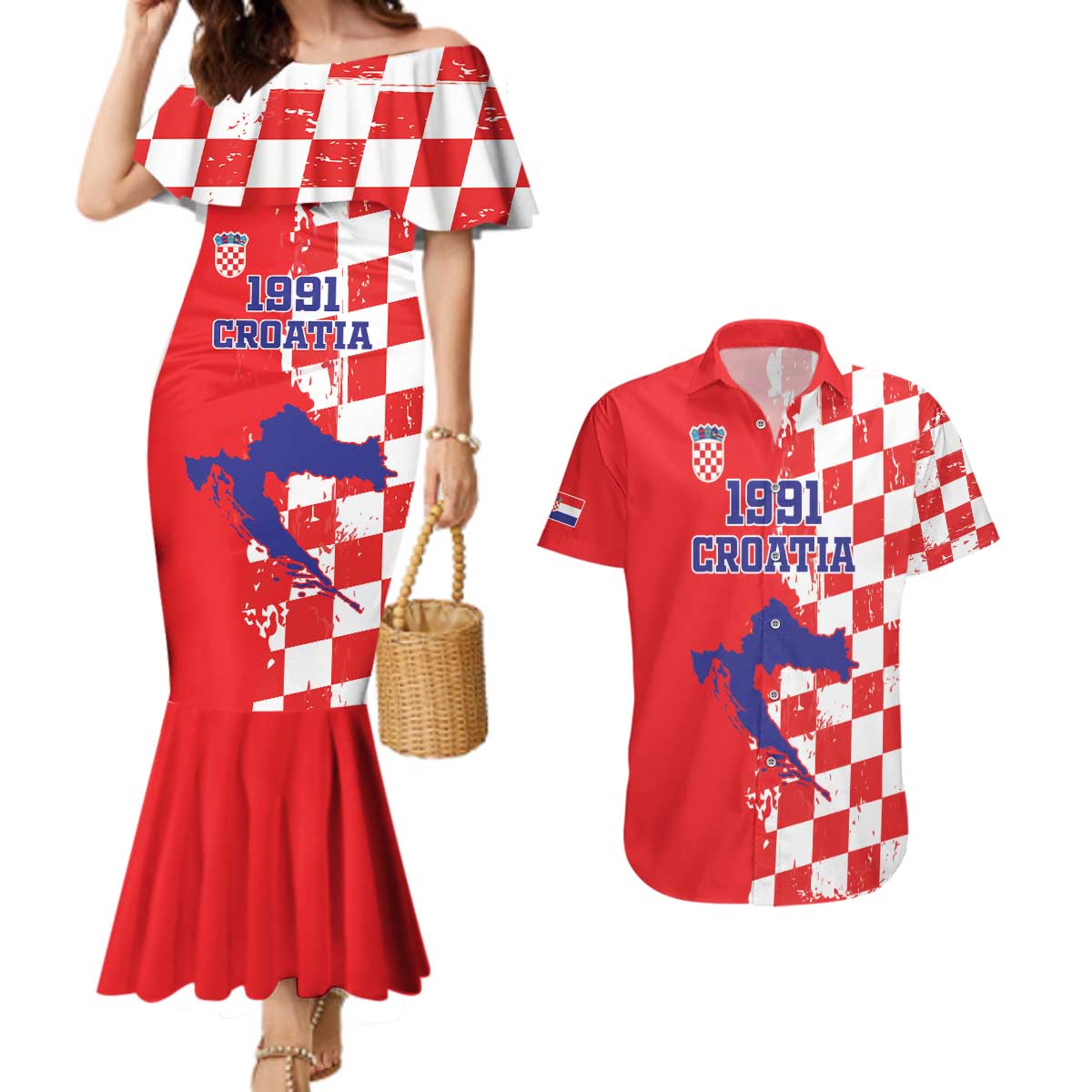 Custom Croatia Independence Day Couples Matching Mermaid Dress and Hawaiian Shirt Grunge Checkerboard Patterns With Map - Wonder Print Shop