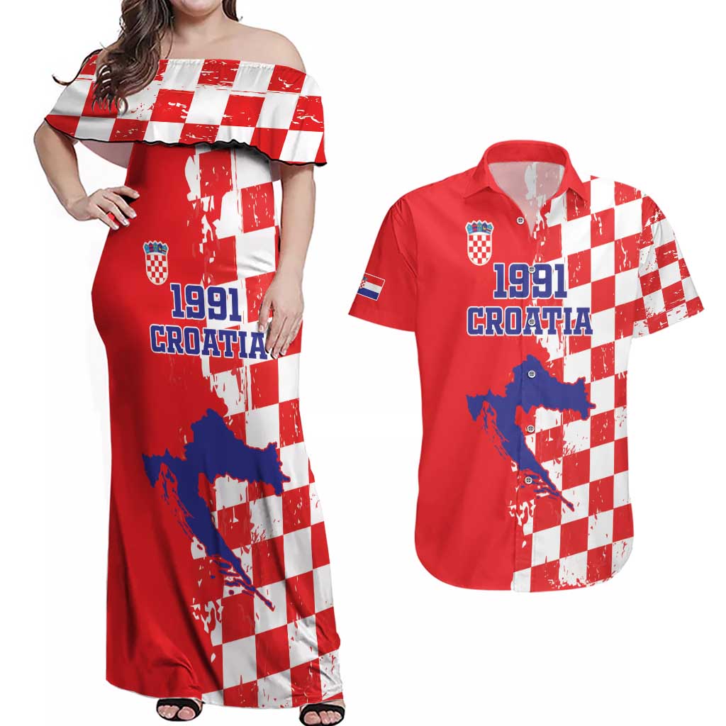 Custom Croatia Independence Day Couples Matching Off Shoulder Maxi Dress and Hawaiian Shirt Grunge Checkerboard Patterns With Map - Wonder Print Shop