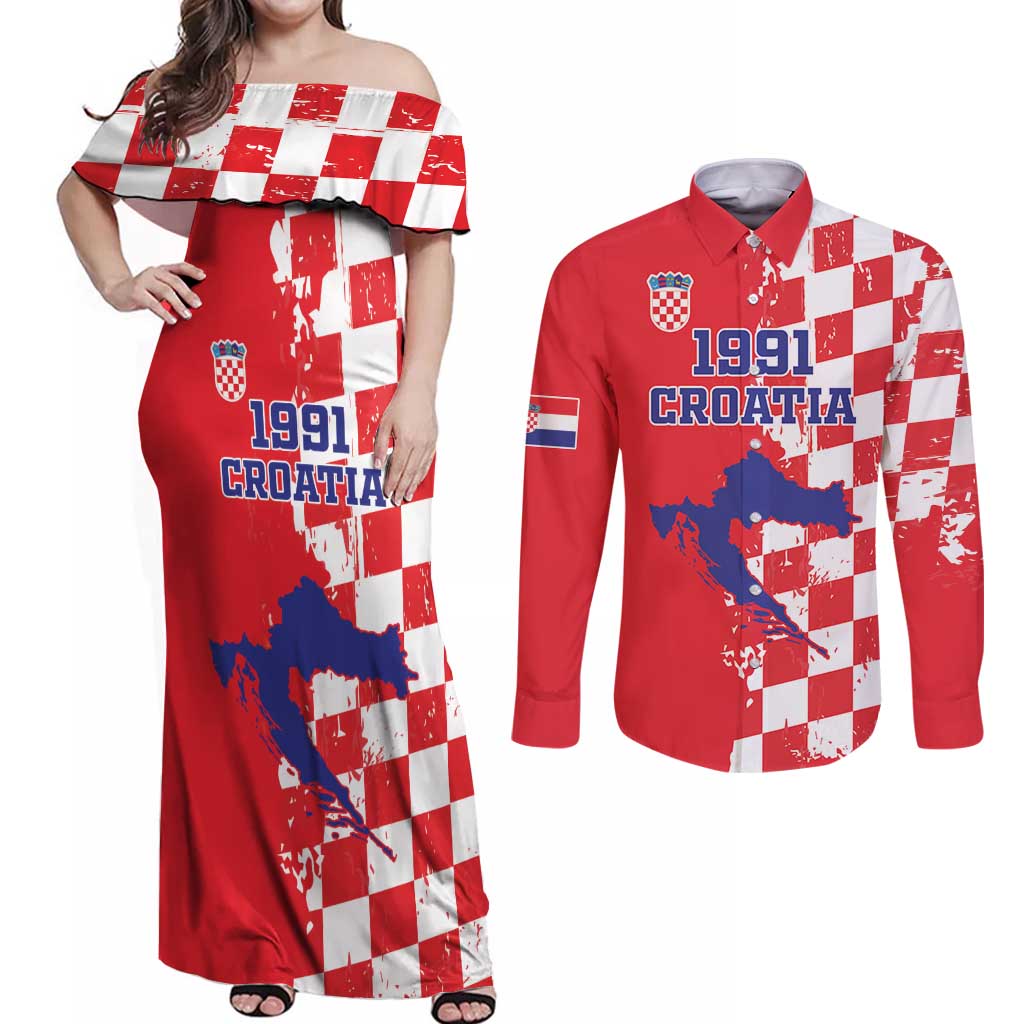 Custom Croatia Independence Day Couples Matching Off Shoulder Maxi Dress and Long Sleeve Button Shirt Grunge Checkerboard Patterns With Map - Wonder Print Shop