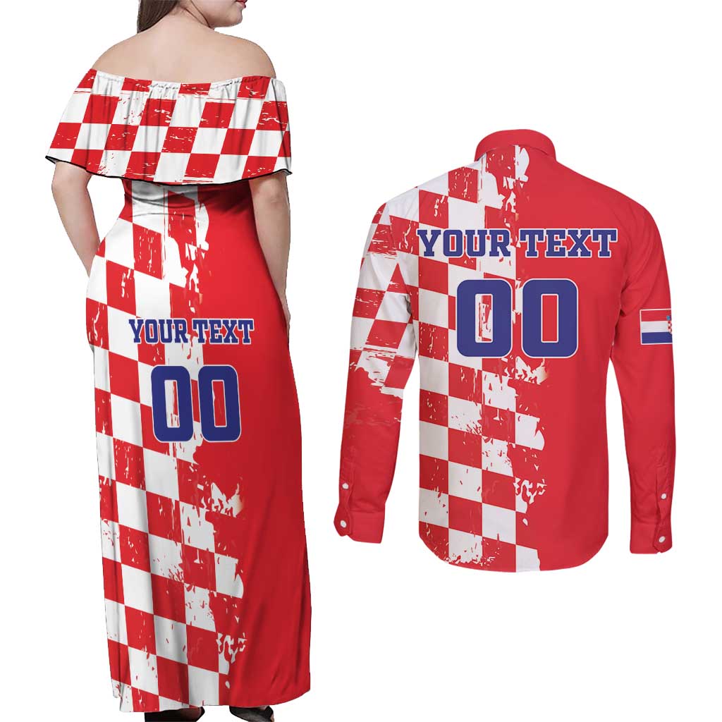 Custom Croatia Independence Day Couples Matching Off Shoulder Maxi Dress and Long Sleeve Button Shirt Grunge Checkerboard Patterns With Map - Wonder Print Shop