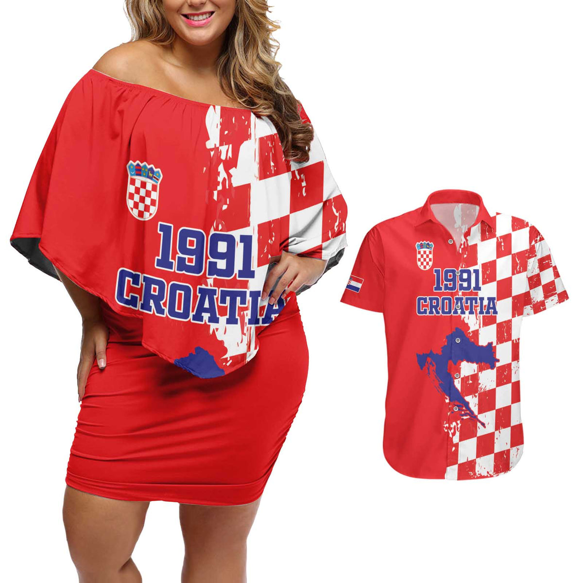 Custom Croatia Independence Day Couples Matching Off Shoulder Short Dress and Hawaiian Shirt Grunge Checkerboard Patterns With Map - Wonder Print Shop