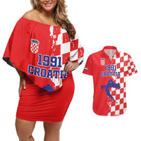 Custom Croatia Independence Day Couples Matching Off Shoulder Short Dress and Hawaiian Shirt Grunge Checkerboard Patterns With Map - Wonder Print Shop