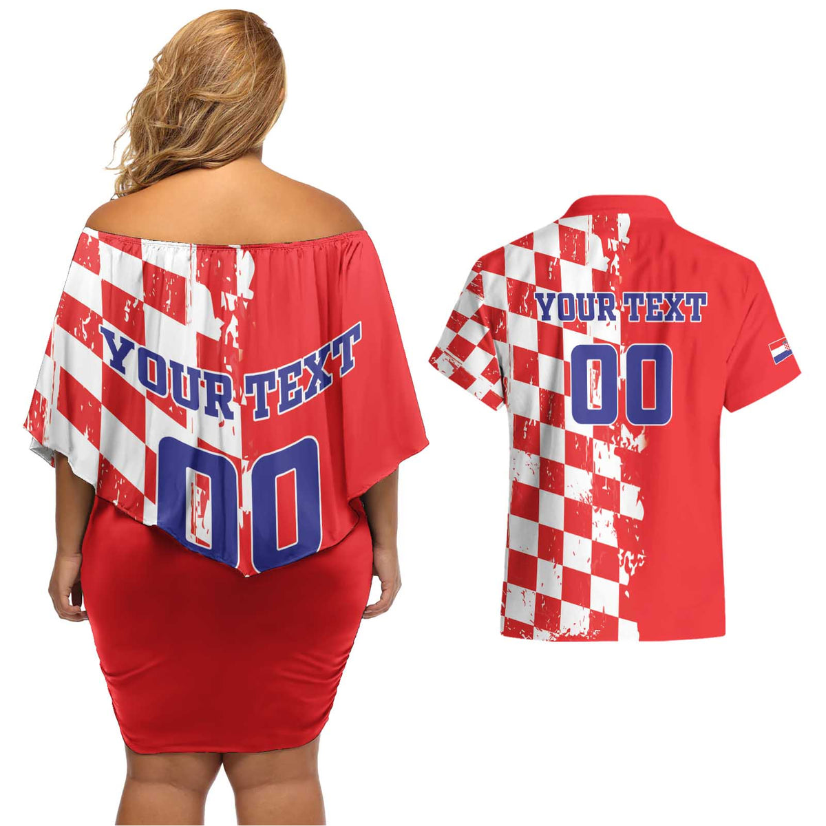 Custom Croatia Independence Day Couples Matching Off Shoulder Short Dress and Hawaiian Shirt Grunge Checkerboard Patterns With Map - Wonder Print Shop