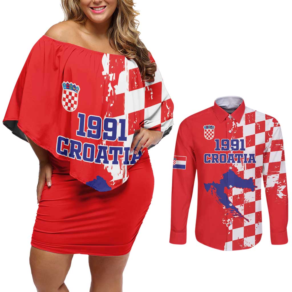 Custom Croatia Independence Day Couples Matching Off Shoulder Short Dress and Long Sleeve Button Shirt Grunge Checkerboard Patterns With Map - Wonder Print Shop