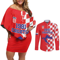 Custom Croatia Independence Day Couples Matching Off Shoulder Short Dress and Long Sleeve Button Shirt Grunge Checkerboard Patterns With Map - Wonder Print Shop