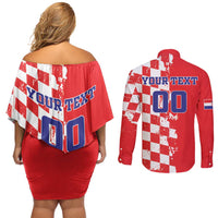 Custom Croatia Independence Day Couples Matching Off Shoulder Short Dress and Long Sleeve Button Shirt Grunge Checkerboard Patterns With Map - Wonder Print Shop