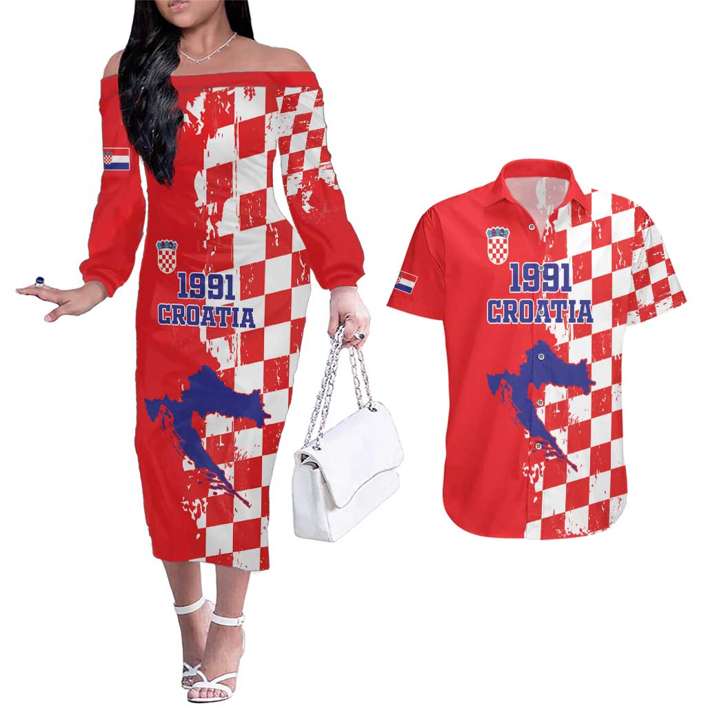 Custom Croatia Independence Day Couples Matching Off The Shoulder Long Sleeve Dress and Hawaiian Shirt Grunge Checkerboard Patterns With Map - Wonder Print Shop