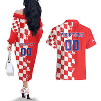 Custom Croatia Independence Day Couples Matching Off The Shoulder Long Sleeve Dress and Hawaiian Shirt Grunge Checkerboard Patterns With Map - Wonder Print Shop