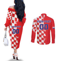 Custom Croatia Independence Day Couples Matching Off The Shoulder Long Sleeve Dress and Long Sleeve Button Shirt Grunge Checkerboard Patterns With Map