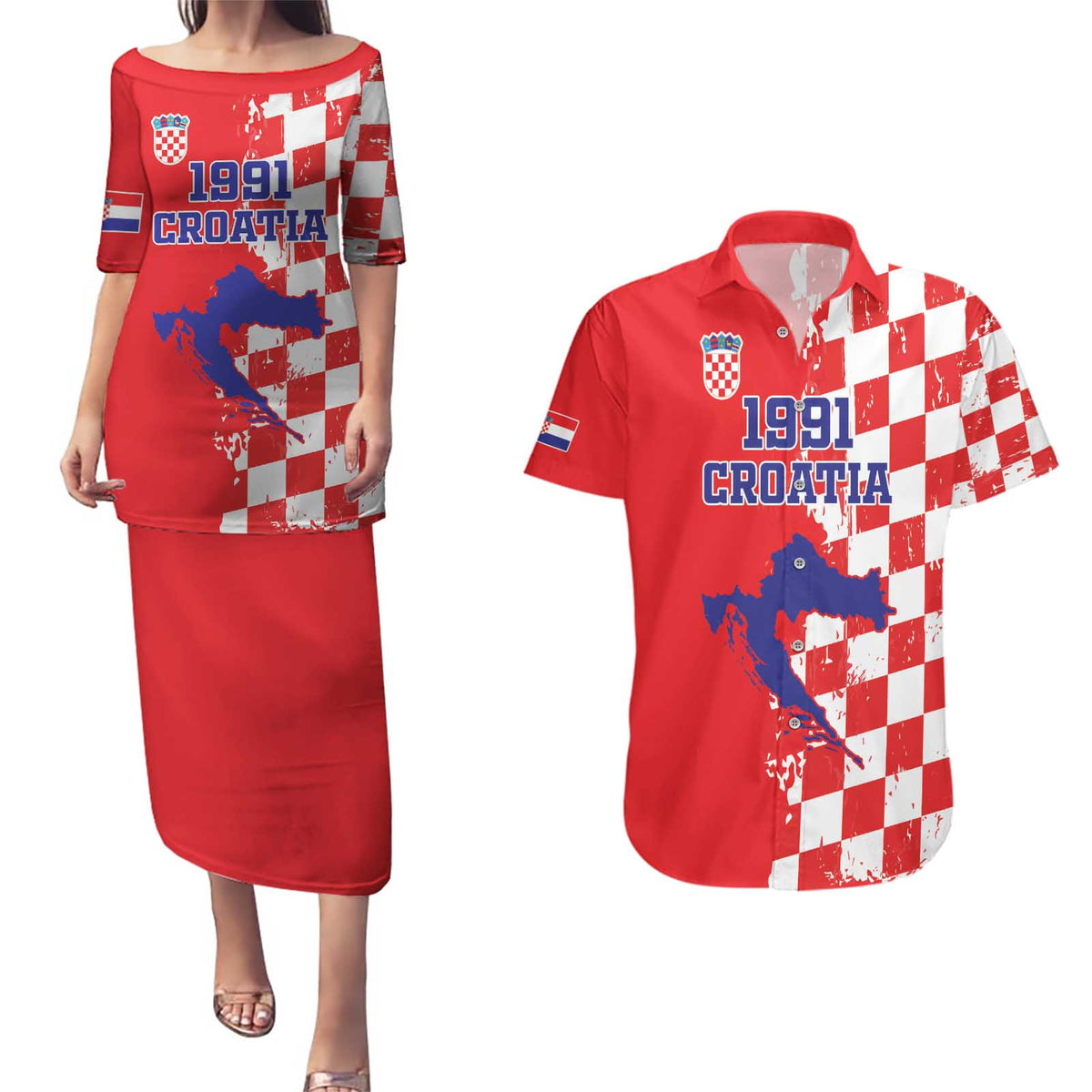 Custom Croatia Independence Day Couples Matching Puletasi and Hawaiian Shirt Grunge Checkerboard Patterns With Map - Wonder Print Shop