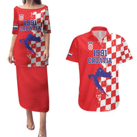 Custom Croatia Independence Day Couples Matching Puletasi and Hawaiian Shirt Grunge Checkerboard Patterns With Map - Wonder Print Shop