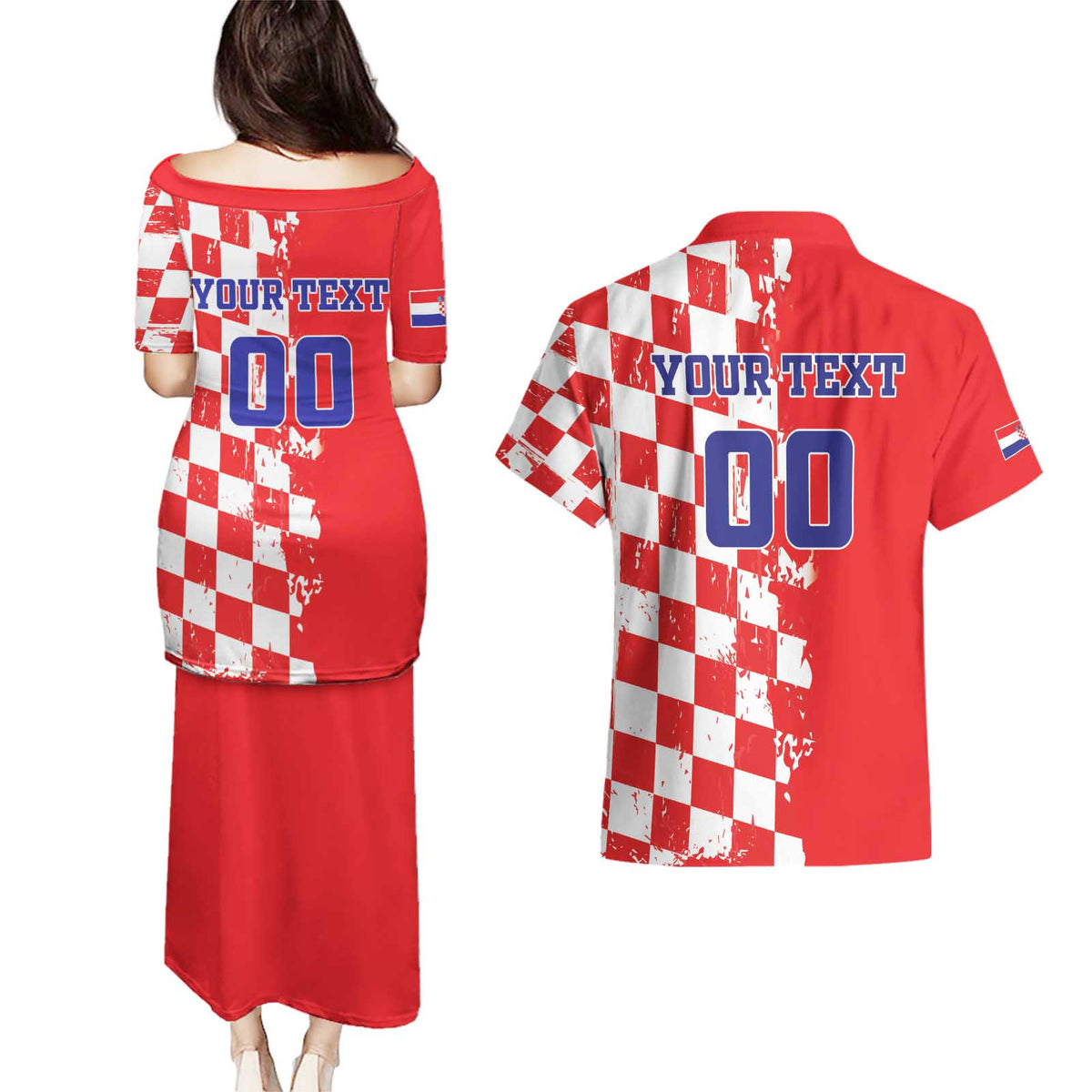 Custom Croatia Independence Day Couples Matching Puletasi and Hawaiian Shirt Grunge Checkerboard Patterns With Map - Wonder Print Shop