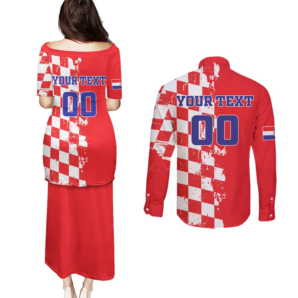 Custom Croatia Independence Day Couples Matching Puletasi and Long Sleeve Button Shirt Grunge Checkerboard Patterns With Map - Wonder Print Shop