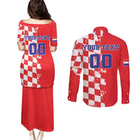 Custom Croatia Independence Day Couples Matching Puletasi and Long Sleeve Button Shirt Grunge Checkerboard Patterns With Map - Wonder Print Shop