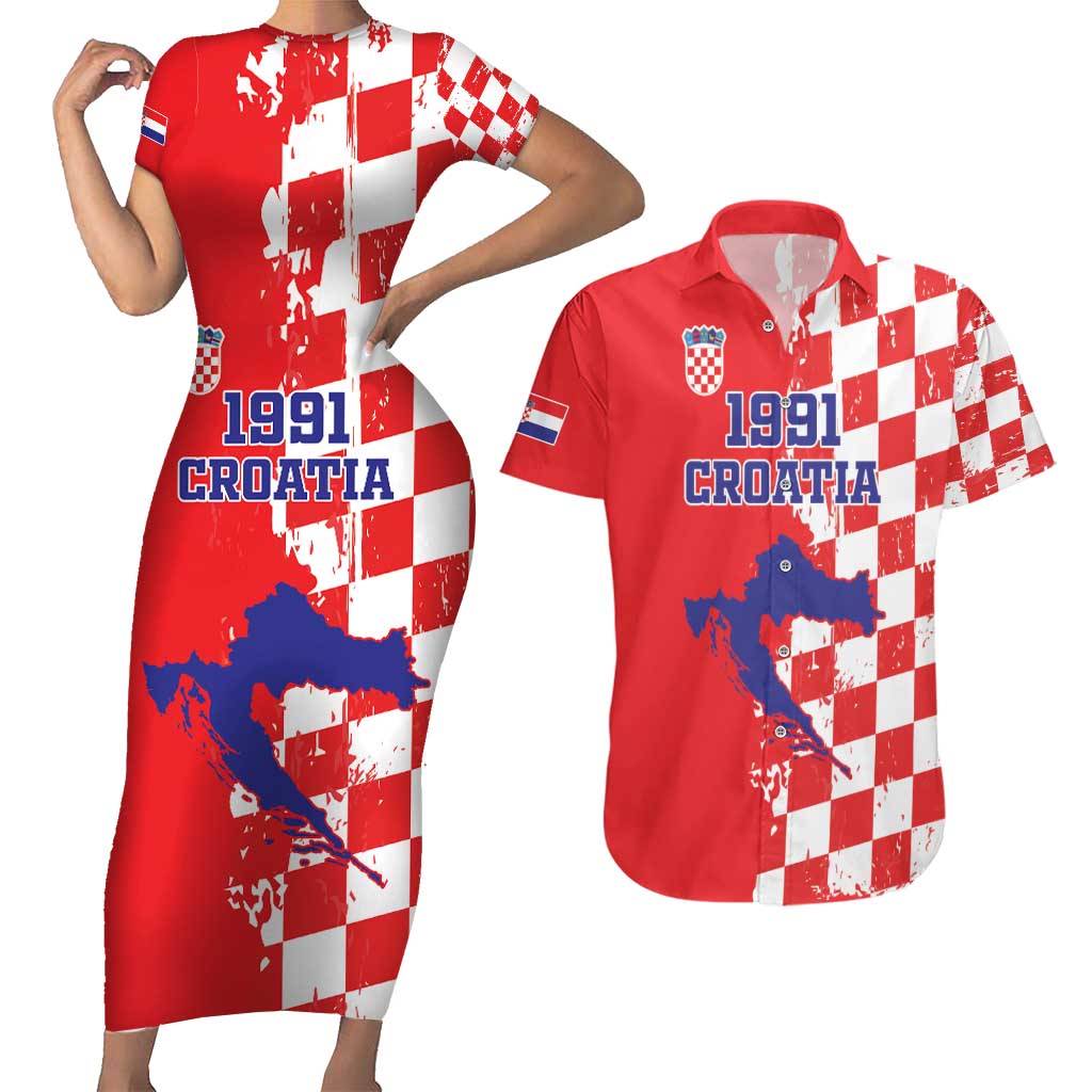 Custom Croatia Independence Day Couples Matching Short Sleeve Bodycon Dress and Hawaiian Shirt Grunge Checkerboard Patterns With Map - Wonder Print Shop