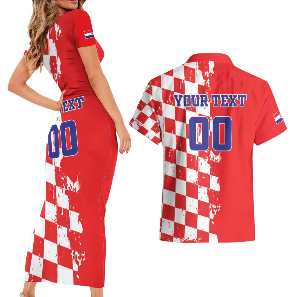 Custom Croatia Independence Day Couples Matching Short Sleeve Bodycon Dress and Hawaiian Shirt Grunge Checkerboard Patterns With Map - Wonder Print Shop