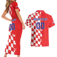 Custom Croatia Independence Day Couples Matching Short Sleeve Bodycon Dress and Hawaiian Shirt Grunge Checkerboard Patterns With Map - Wonder Print Shop