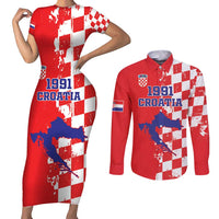 Custom Croatia Independence Day Couples Matching Short Sleeve Bodycon Dress and Long Sleeve Button Shirt Grunge Checkerboard Patterns With Map - Wonder Print Shop