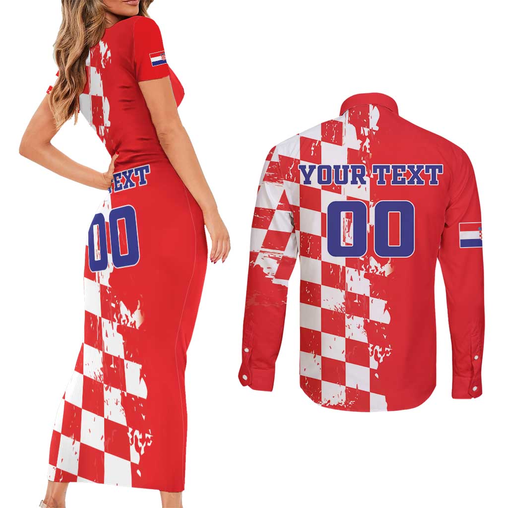 Custom Croatia Independence Day Couples Matching Short Sleeve Bodycon Dress and Long Sleeve Button Shirt Grunge Checkerboard Patterns With Map - Wonder Print Shop