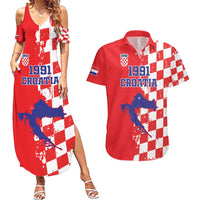 Custom Croatia Independence Day Couples Matching Summer Maxi Dress and Hawaiian Shirt Grunge Checkerboard Patterns With Map - Wonder Print Shop