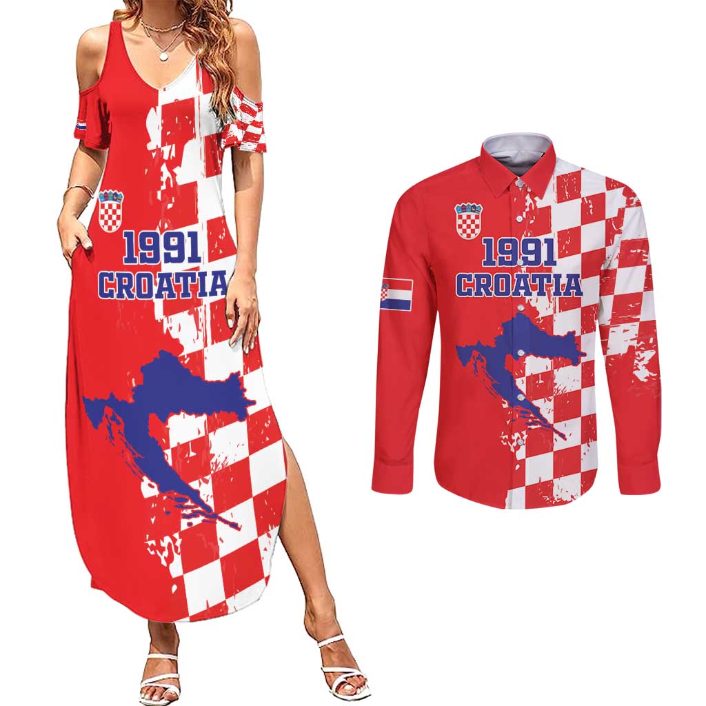 Custom Croatia Independence Day Couples Matching Summer Maxi Dress and Long Sleeve Button Shirt Grunge Checkerboard Patterns With Map - Wonder Print Shop