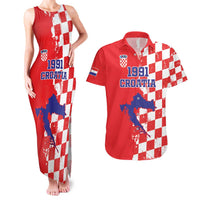 Custom Croatia Independence Day Couples Matching Tank Maxi Dress and Hawaiian Shirt Grunge Checkerboard Patterns With Map - Wonder Print Shop
