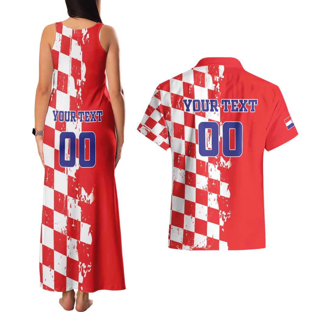 Custom Croatia Independence Day Couples Matching Tank Maxi Dress and Hawaiian Shirt Grunge Checkerboard Patterns With Map - Wonder Print Shop