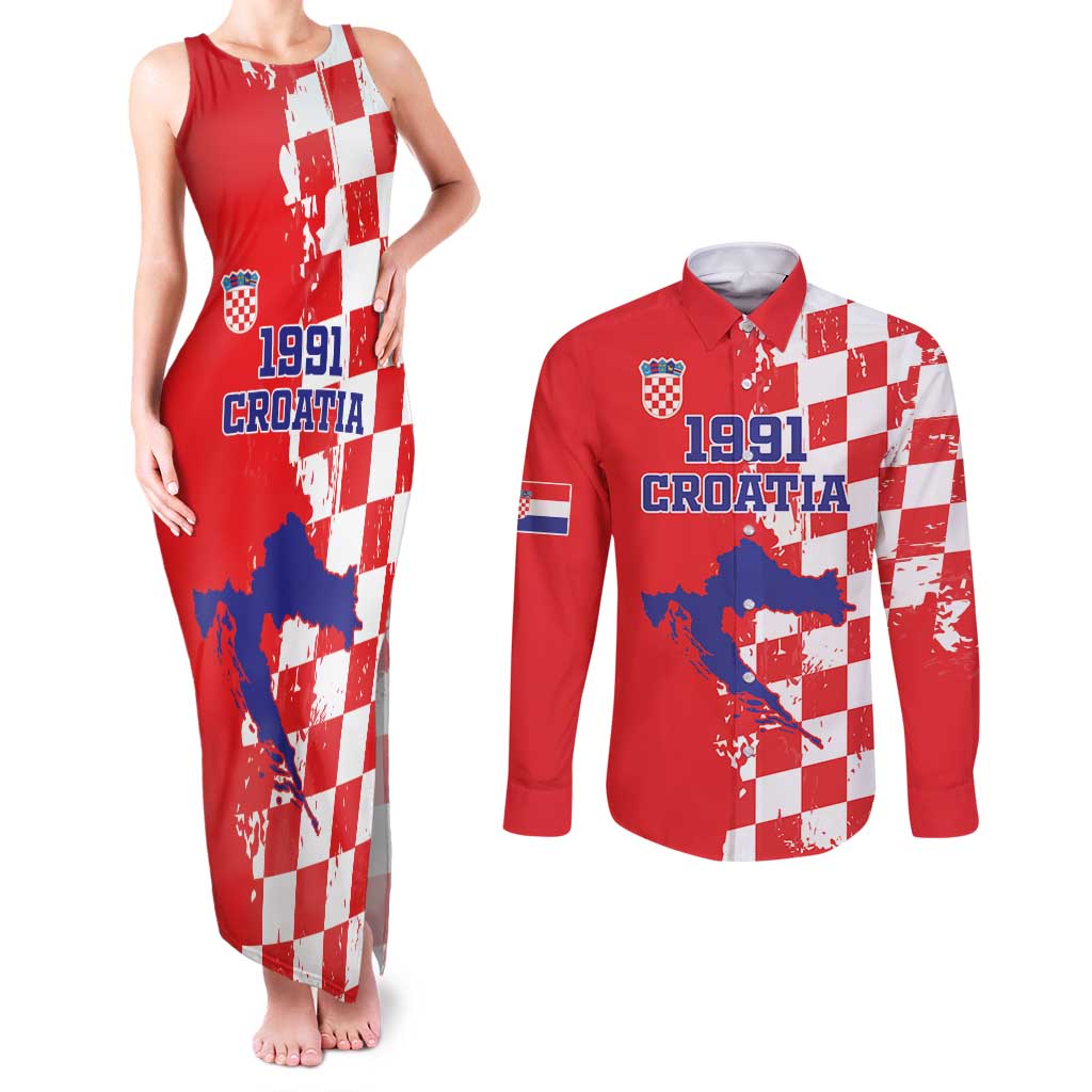 Custom Croatia Independence Day Couples Matching Tank Maxi Dress and Long Sleeve Button Shirt Grunge Checkerboard Patterns With Map - Wonder Print Shop