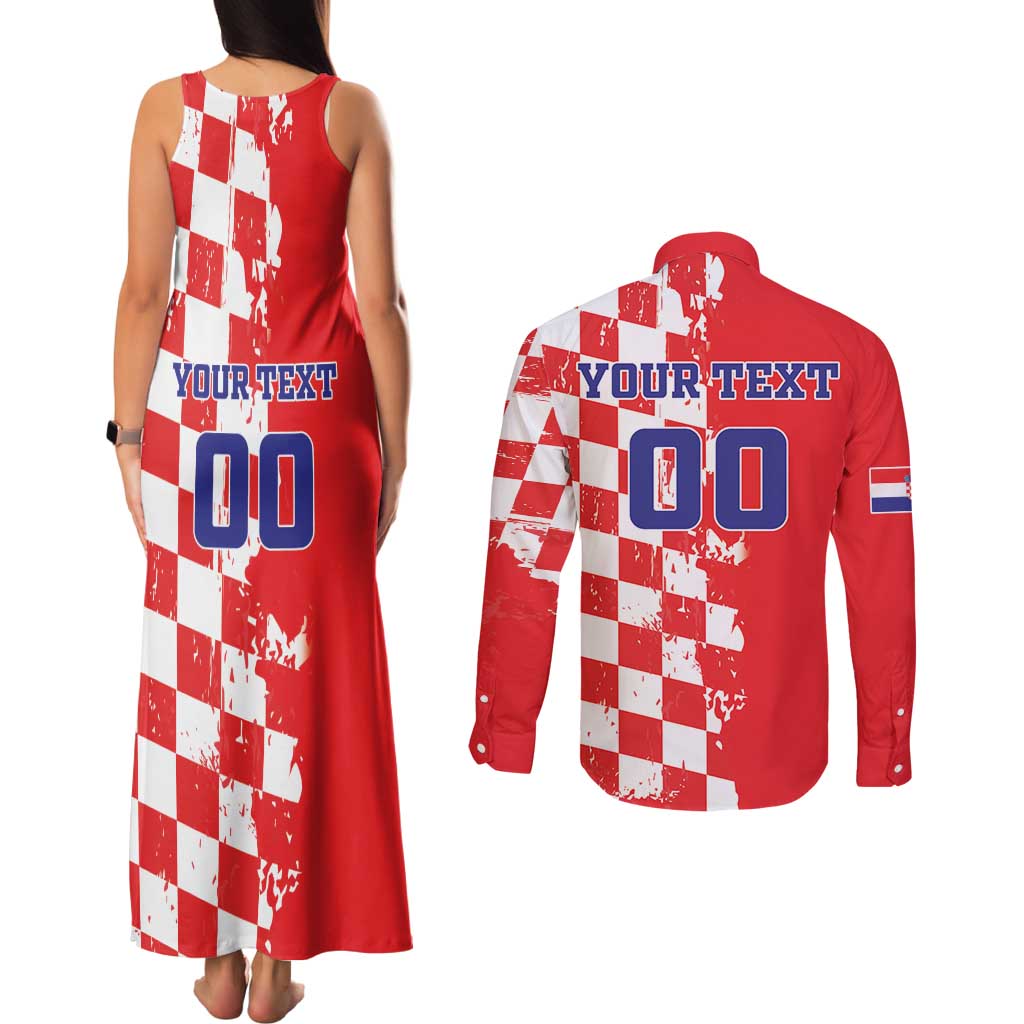 Custom Croatia Independence Day Couples Matching Tank Maxi Dress and Long Sleeve Button Shirt Grunge Checkerboard Patterns With Map - Wonder Print Shop