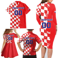 Custom Croatia Independence Day Family Matching Long Sleeve Bodycon Dress and Hawaiian Shirt Grunge Checkerboard Patterns With Map - Wonder Print Shop