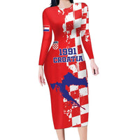 Custom Croatia Independence Day Family Matching Long Sleeve Bodycon Dress and Hawaiian Shirt Grunge Checkerboard Patterns With Map - Wonder Print Shop